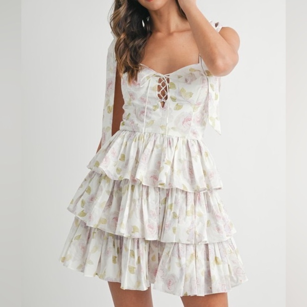 MABLE Floral Print Shoulder Tie Layered Mini Dress